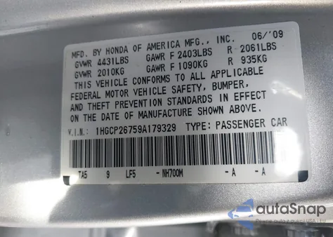 2009 Honda Accord 2.4 Ex z USA, uszkodzony, nr VIN 1HGCP26759A179329